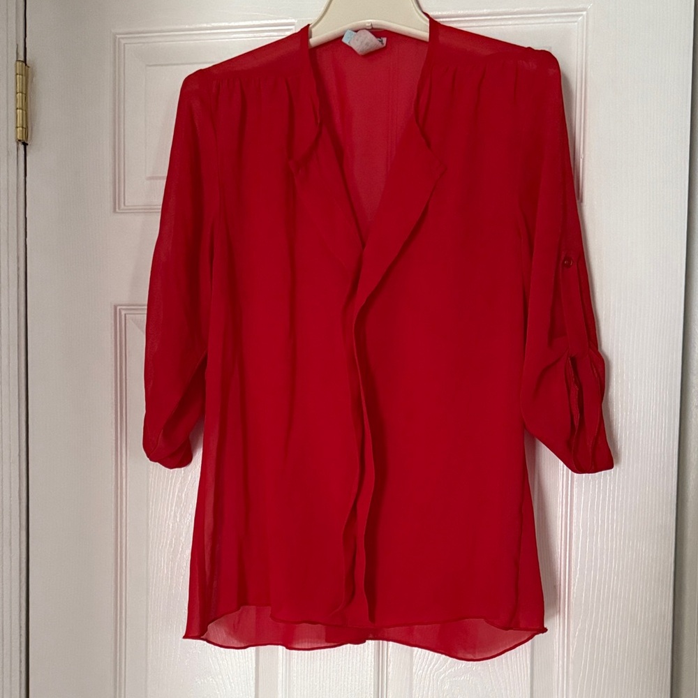 Red Women's Sheer Blouse - Classic Button-Front Style